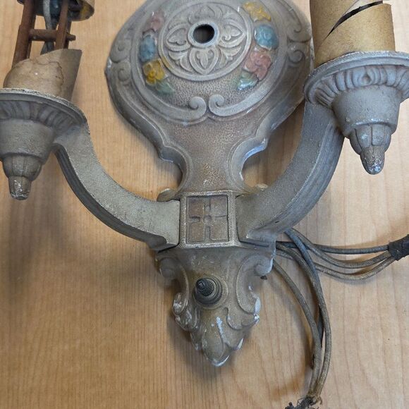 Set of 2 Art Deco Polychrome Aluminum Wall Sconces Double Candle 10" - Picture 4 of 13